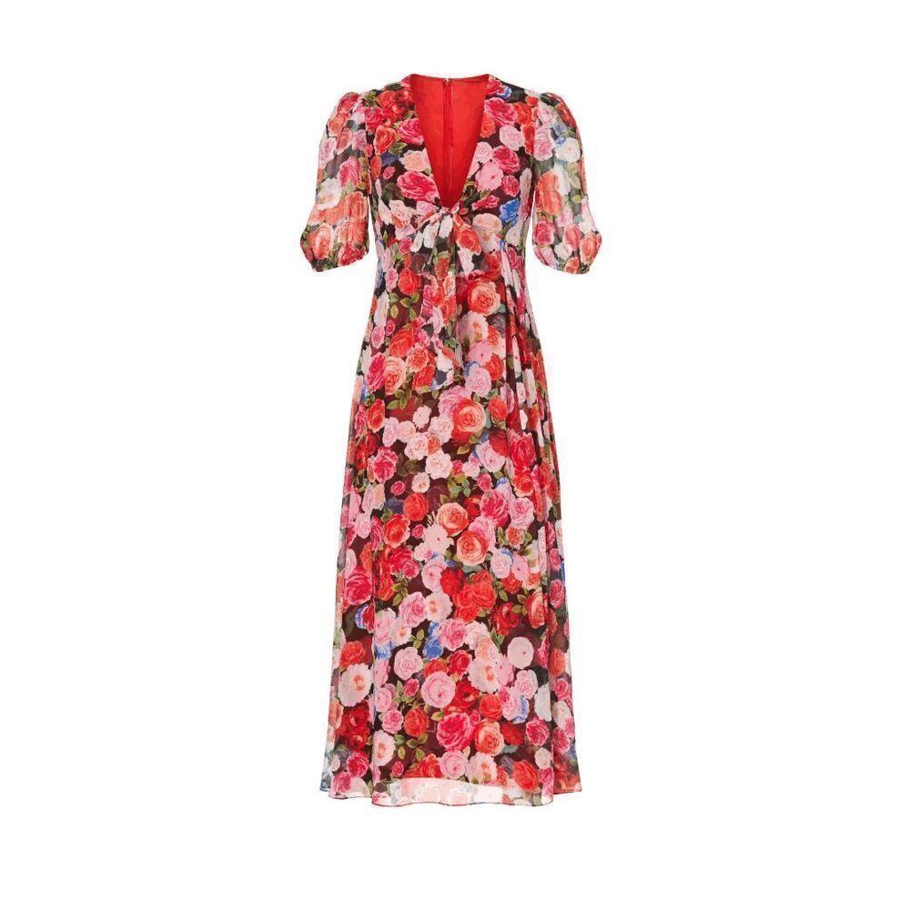 Ieena For Mac Duggal Floral Print Puff Sleeve Side Slit Maxi Dress Red Size 6 - Picture 12 of 12
